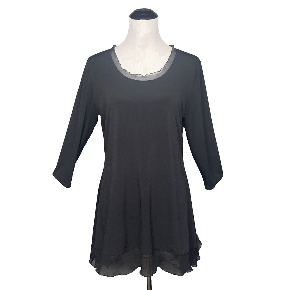 Cato Sz L Black Tunic 3/4 Slv Top Flowy Layered Chiffon Hem Versatile Lagenlook
